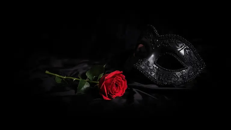 A black lace mask and a red rose on satin