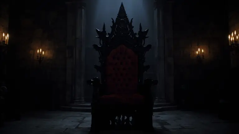 A black gothic throne in a candlelit stone room